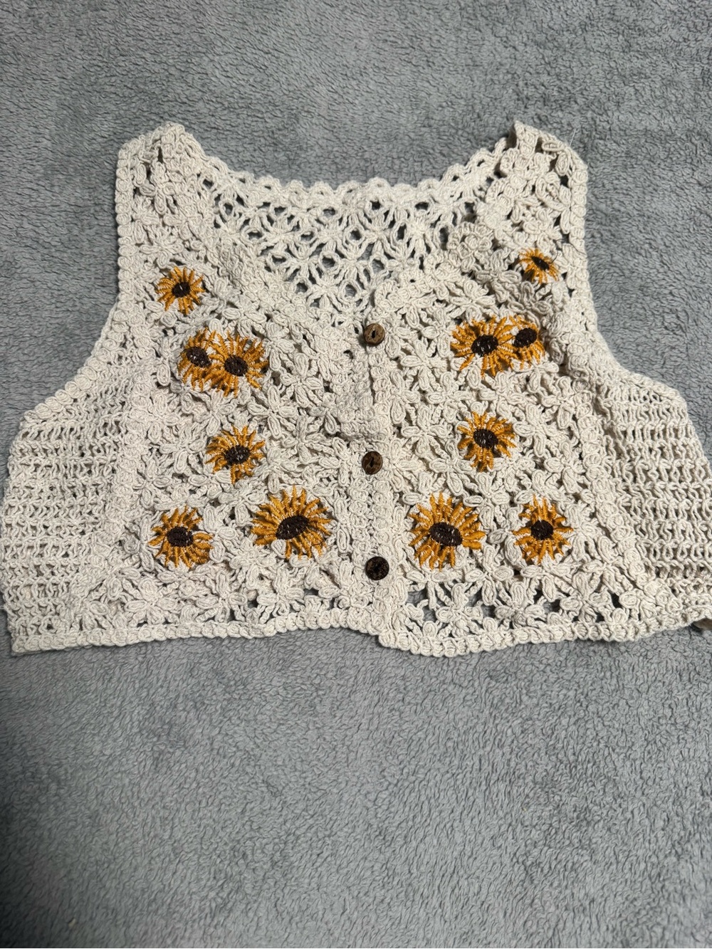 Cream Crochet Sunflower Button-Front Vest